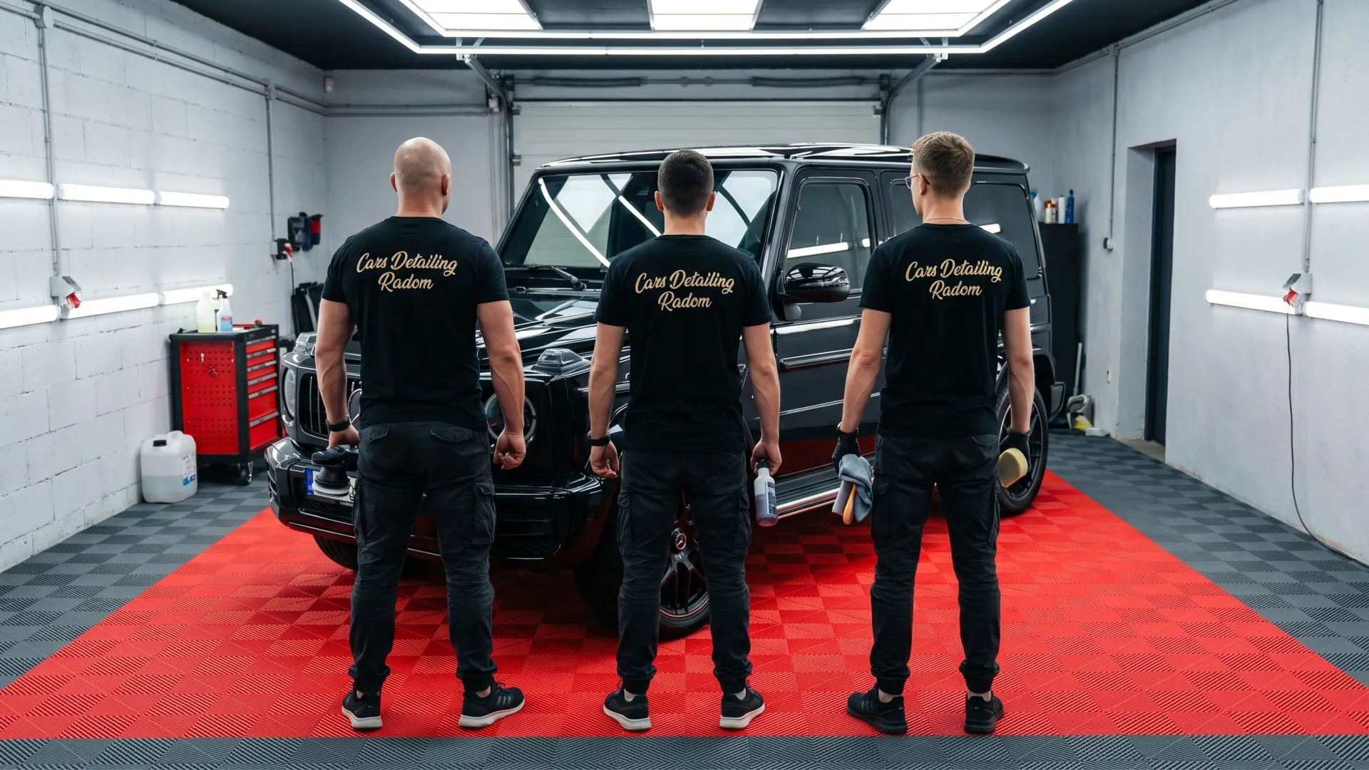 Trzech detailerów Cars Detailing Radom w czarnych koszulkach z kursywnym logo na plecach, stoi przy czarnym Mercedesie-AMG G63 w studio z czerwoną podłogą — gotowi do detailingu.